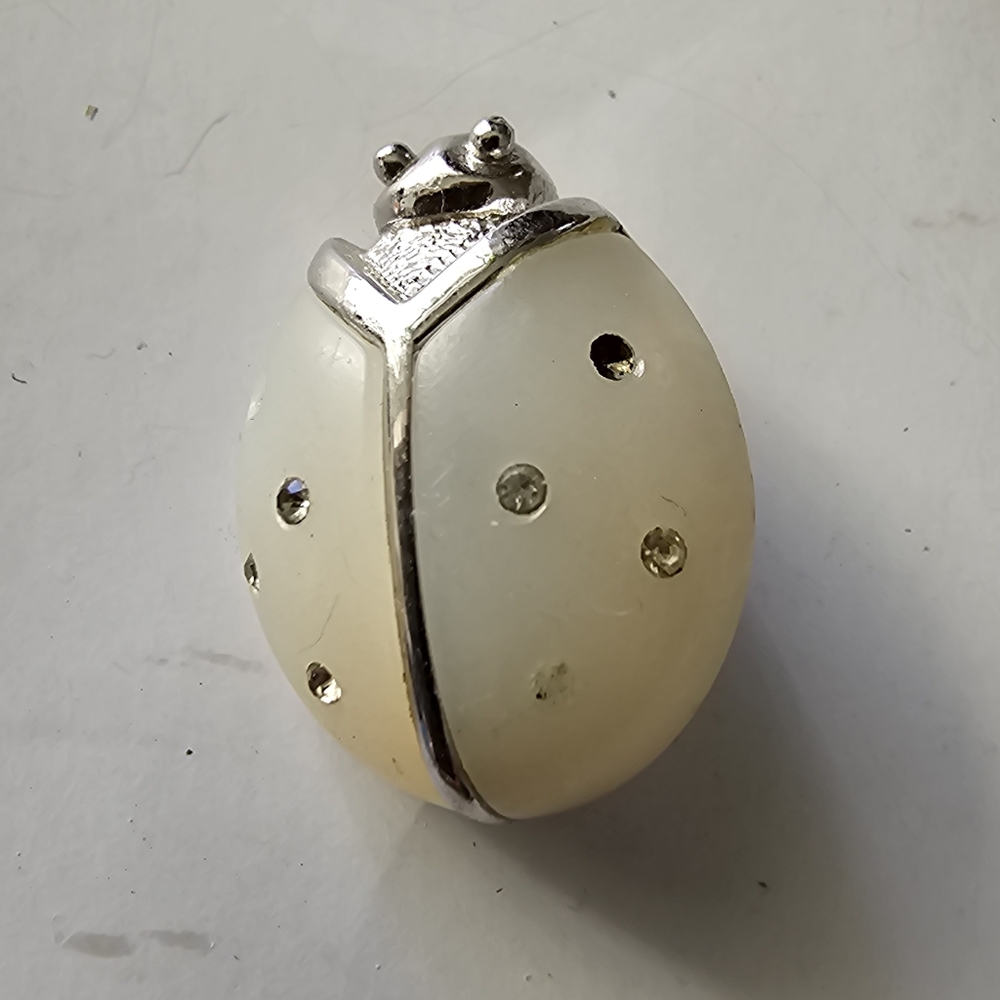 Vintage Avon Silver Tone Frosted Lucite and Clear Rhinestones Ladybug Brooch